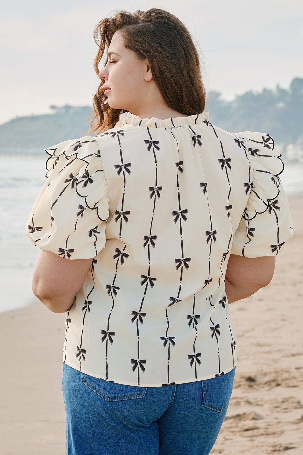 Apricot Bow Printed Ruffled Bubble Sleeve Lace - up Notched Neck Plus Size Blouse - Chaelisa's New Jammies