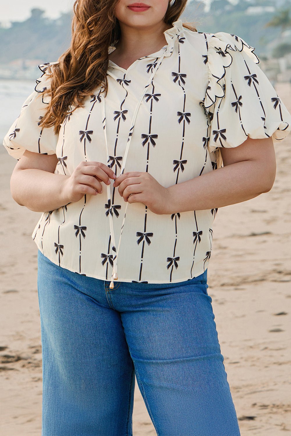Apricot Bow Printed Ruffled Bubble Sleeve Lace - up Notched Neck Plus Size Blouse - Chaelisa's New Jammies
