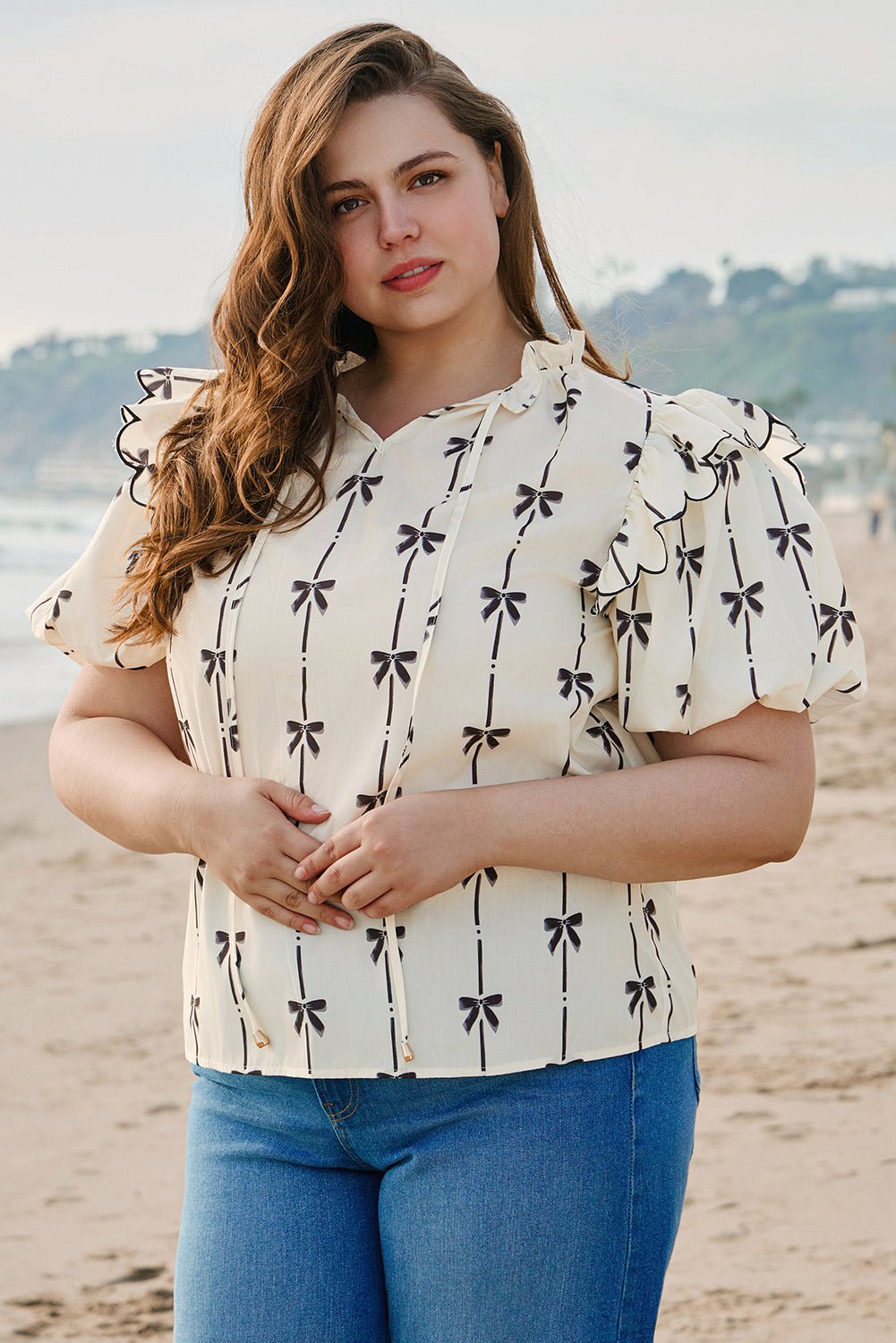 Apricot Bow Printed Ruffled Bubble Sleeve Lace - up Notched Neck Plus Size Blouse - Chaelisa's New Jammies