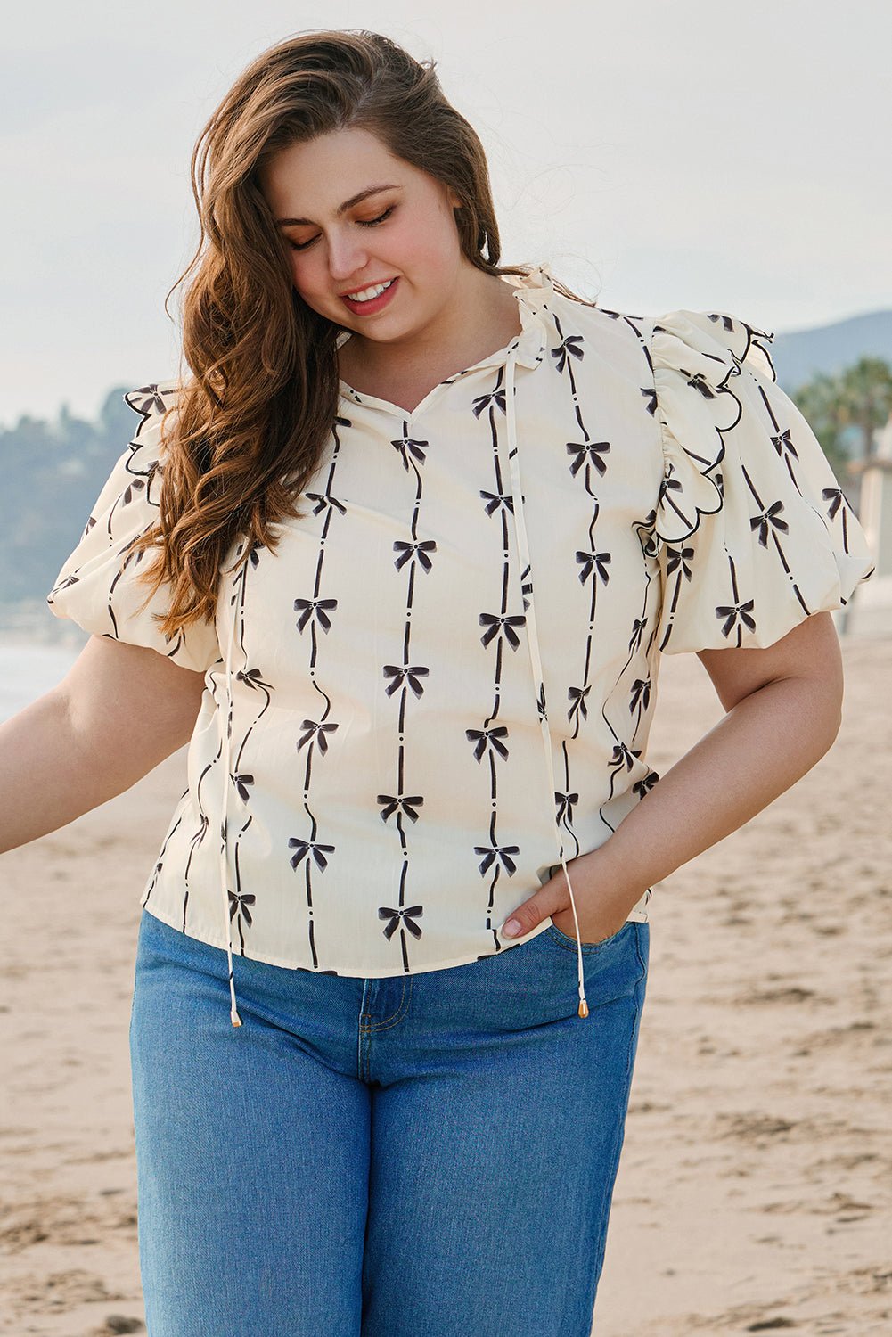 Apricot Bow Printed Ruffled Bubble Sleeve Lace - up Notched Neck Plus Size Blouse - Chaelisa's New Jammies