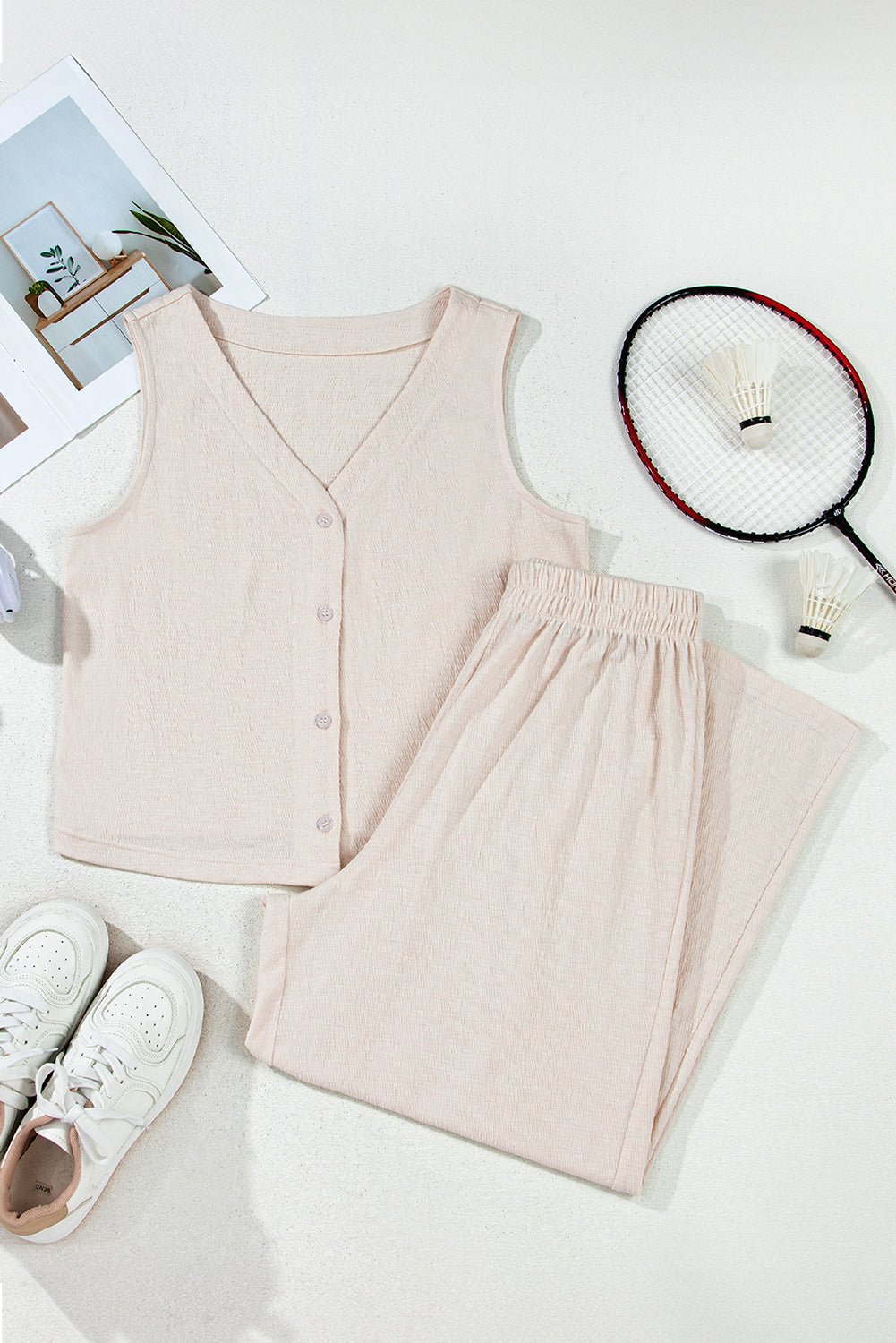 Apricot Buttoned V Neck Tank Top and Wide Leg Pants Casual Outfit - Chaelisa's New Jammies