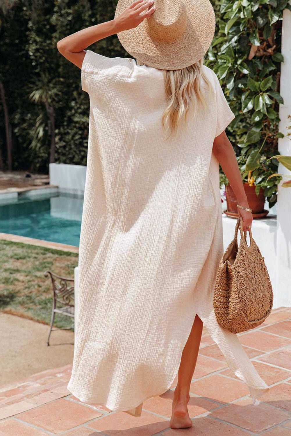 Apricot Crinkled Buttons Maxi Beach Dress with Slits - Chaelisa's New Jammies