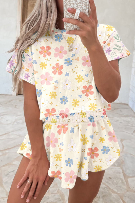 Apricot Floral Print Crop Top Wide Leg Short Set - Chaelisa's New Jammies
