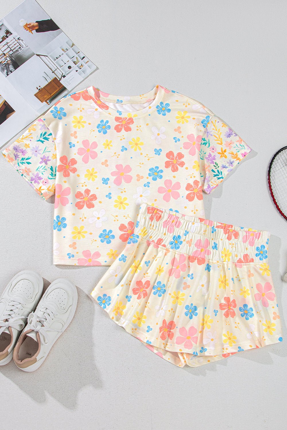 Apricot Floral Print Crop Top Wide Leg Short Set - Chaelisa's New Jammies