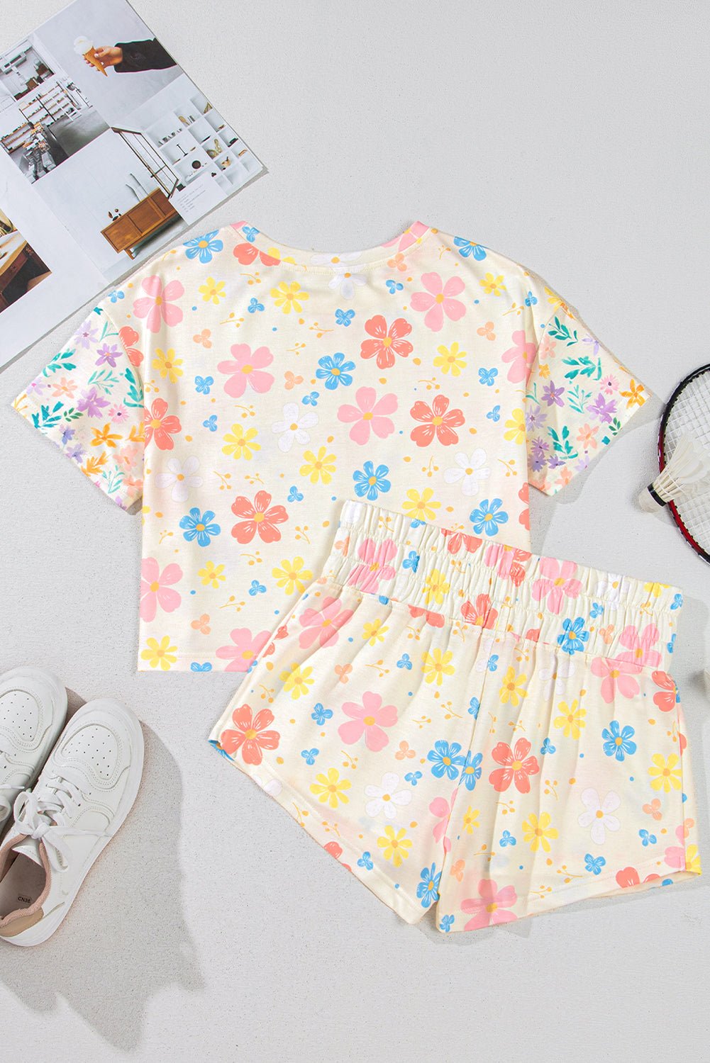 Apricot Floral Print Crop Top Wide Leg Short Set - Chaelisa's New Jammies