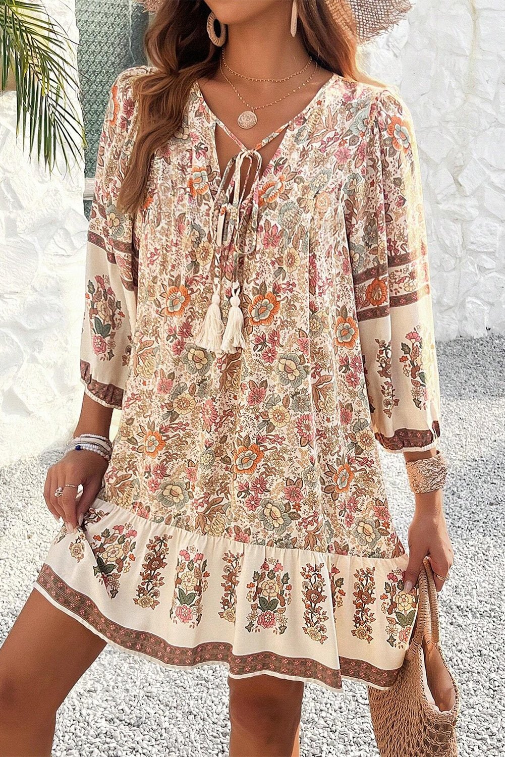 Apricot Floral Print Tassel Drawstring V Neck Loose Mini Dress - Chaelisa's New Jammies