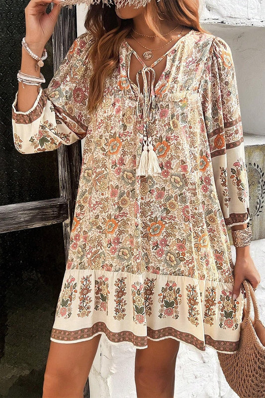 Apricot Floral Print Tassel Drawstring V Neck Loose Mini Dress - Chaelisa's New Jammies