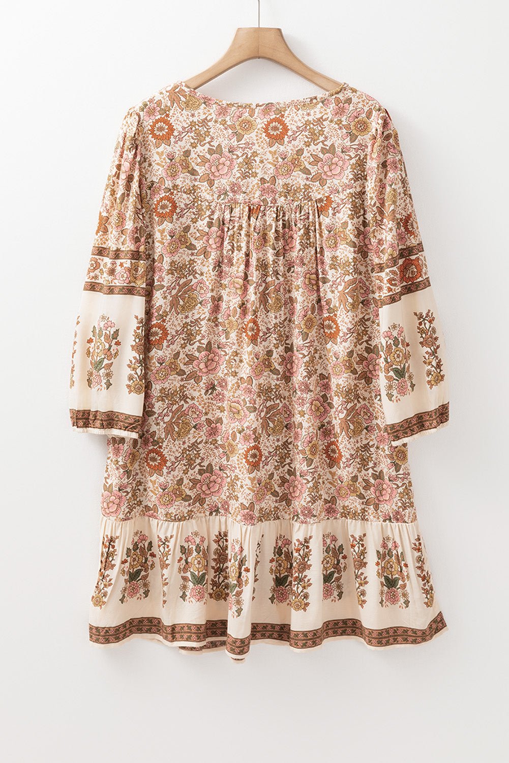 Apricot Floral Print Tassel Drawstring V Neck Loose Mini Dress - Chaelisa's New Jammies