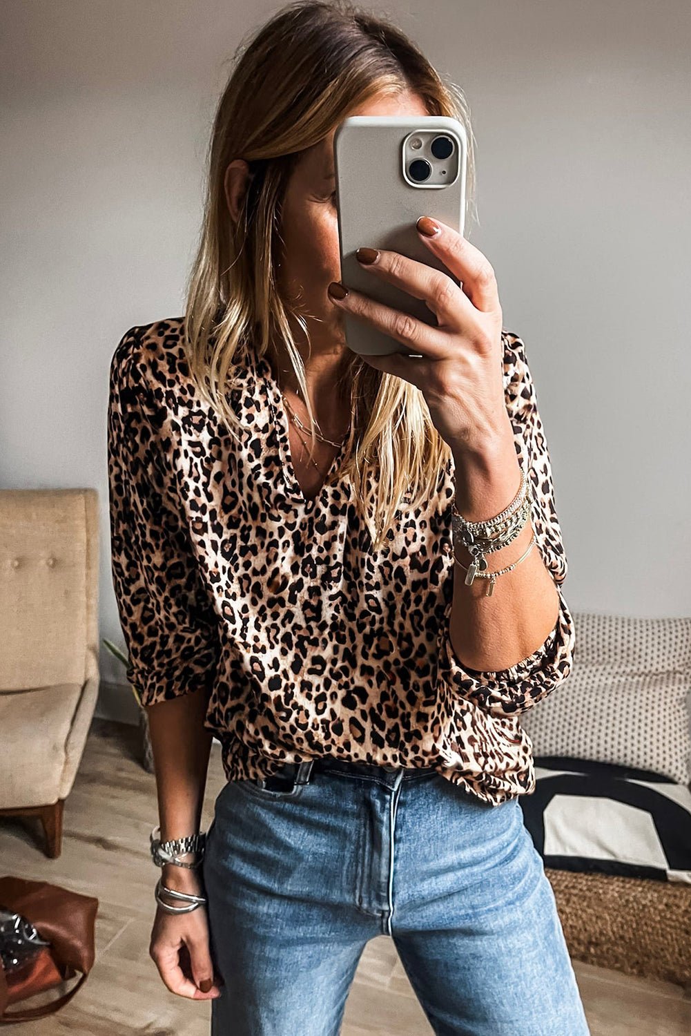 Apricot Leopard V Neck Half Sleeve Blouse - Chaelisa's New Jammies