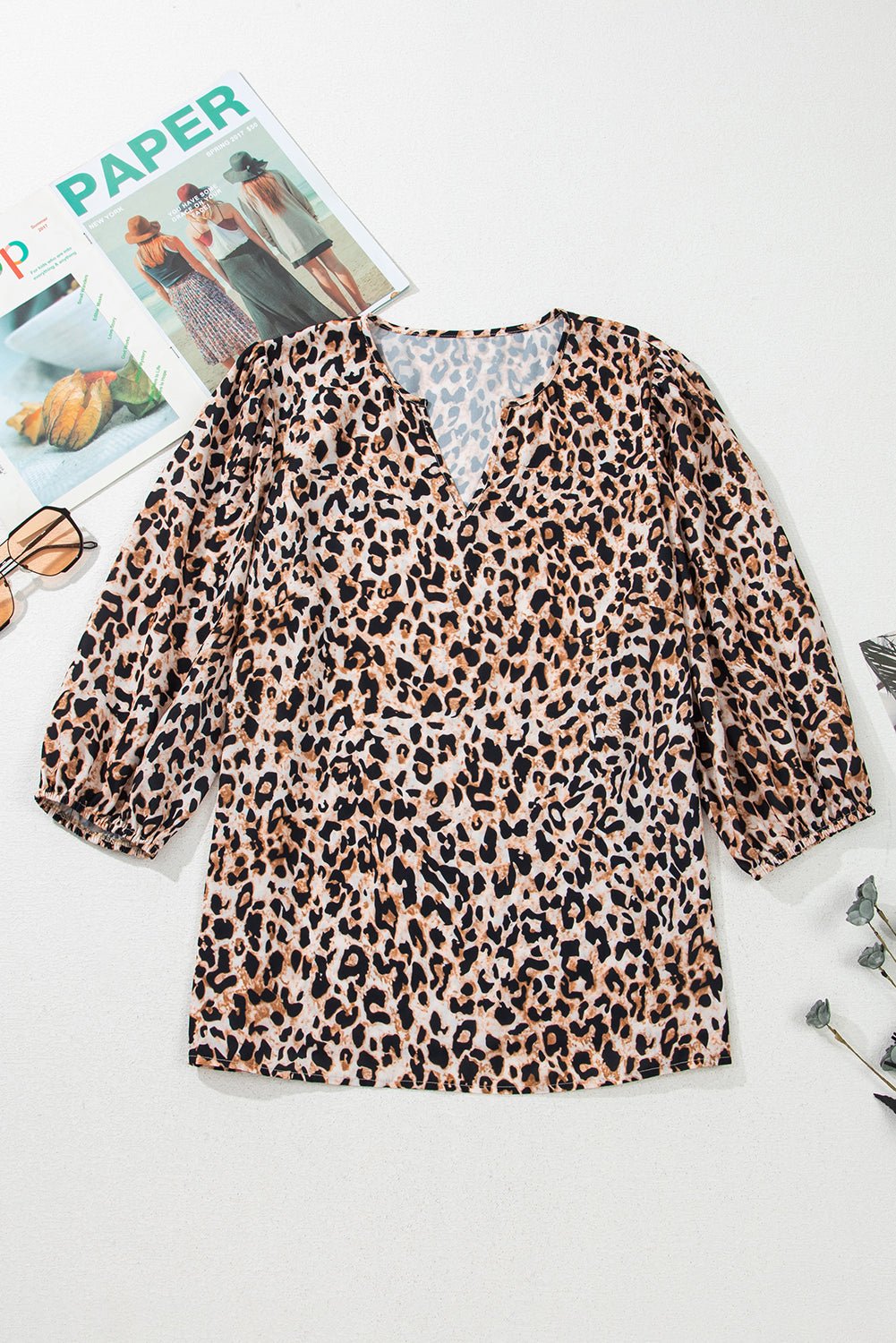 Apricot Leopard V Neck Half Sleeve Blouse - Chaelisa's New Jammies