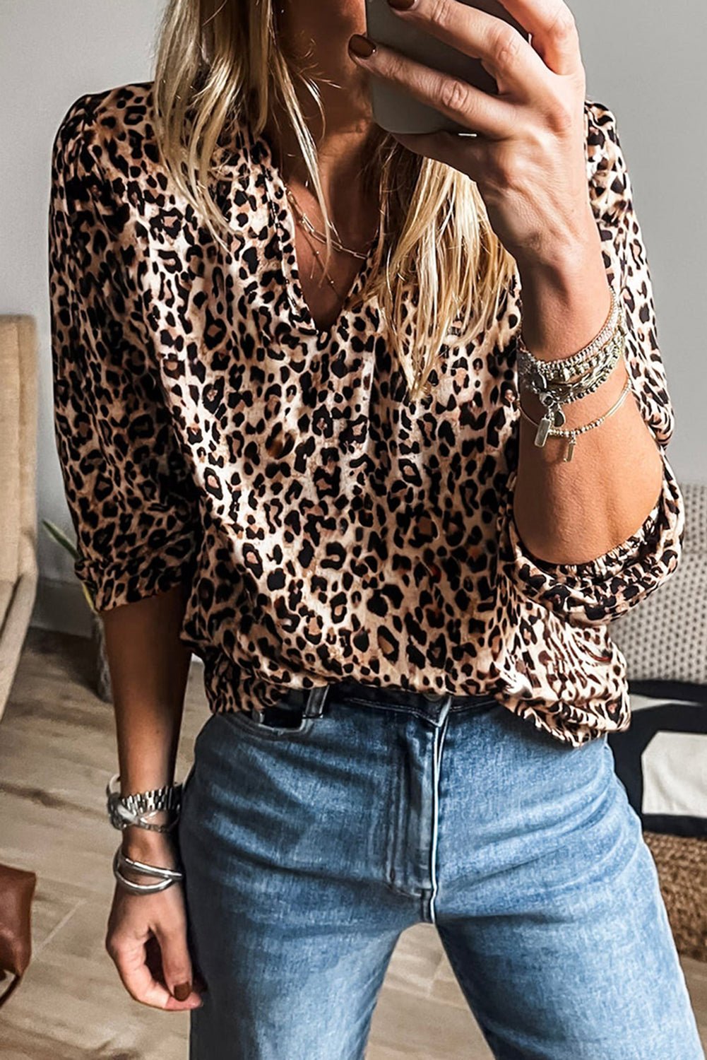 Apricot Leopard V Neck Half Sleeve Blouse - Chaelisa's New Jammies