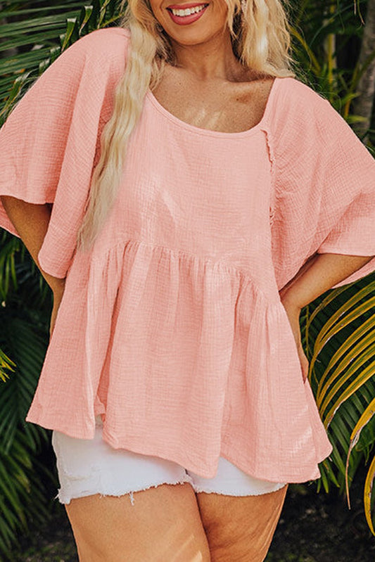 Apricot Pink Plus Size Textured Wide Short Sleeve Babydoll Blouse - Chaelisa's New Jammies