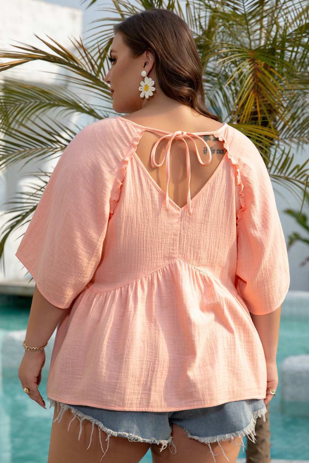 Apricot Pink Plus Size Textured Wide Short Sleeve Babydoll Blouse - Chaelisa's New Jammies