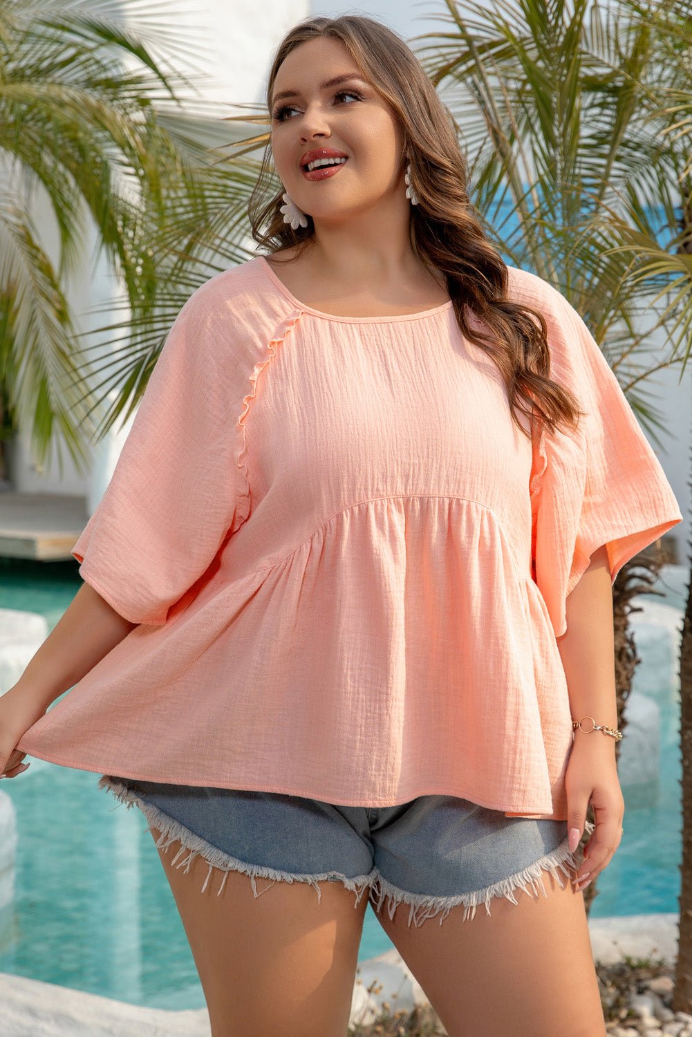 Apricot Pink Plus Size Textured Wide Short Sleeve Babydoll Blouse - Chaelisa's New Jammies