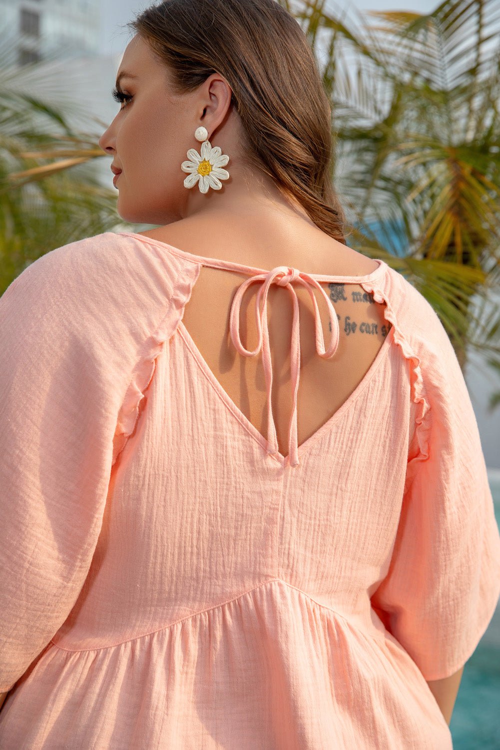 Apricot Pink Plus Size Textured Wide Short Sleeve Babydoll Blouse - Chaelisa's New Jammies
