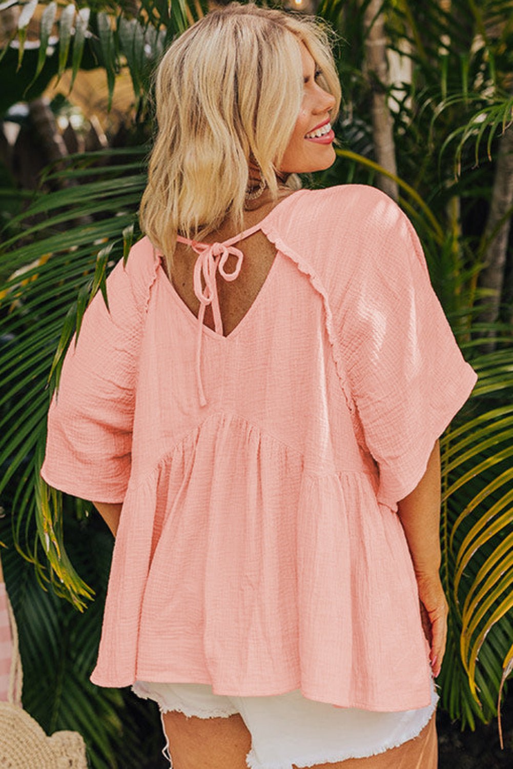 Apricot Pink Plus Size Textured Wide Short Sleeve Babydoll Blouse - Chaelisa's New Jammies