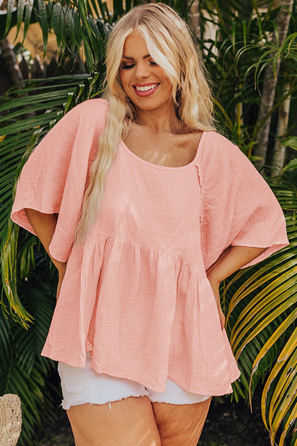 Apricot Pink Plus Size Textured Wide Short Sleeve Babydoll Blouse - Chaelisa's New Jammies