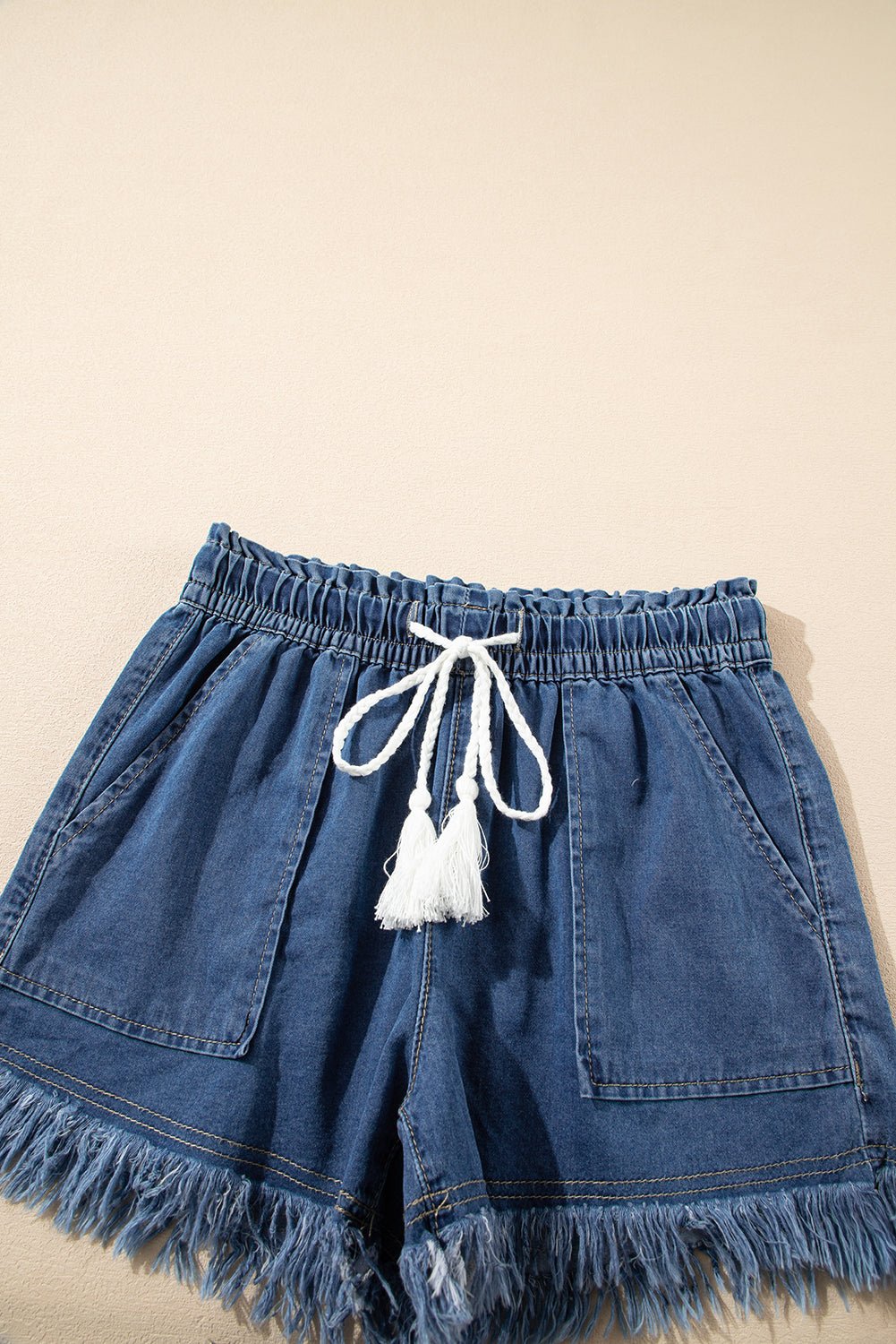 Ashleigh Blue Raw Hem Drawstring High Waist Denim Shorts with Pockets - Chaelisa's New Jammies