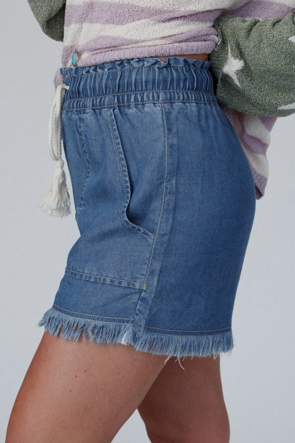 Ashleigh Blue Raw Hem Drawstring High Waist Denim Shorts with Pockets - Chaelisa's New Jammies