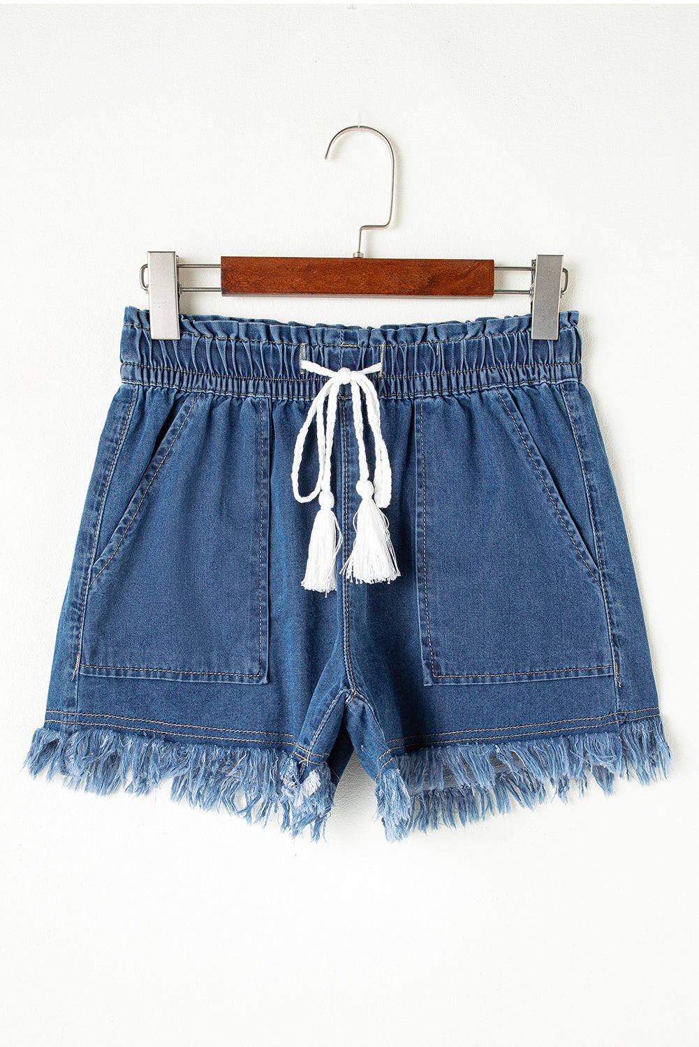 Ashleigh Blue Raw Hem Drawstring High Waist Denim Shorts with Pockets - Chaelisa's New Jammies