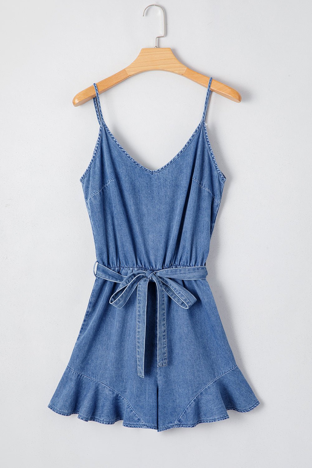 Ashleigh Blue Spaghetti Straps V Neck Belted Ruffled Leg Chambray Romper - Chaelisa's New Jammies