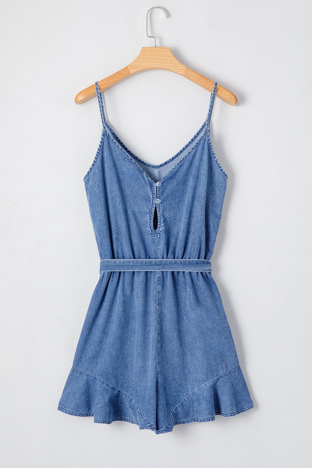 Ashleigh Blue Spaghetti Straps V Neck Belted Ruffled Leg Chambray Romper - Chaelisa's New Jammies