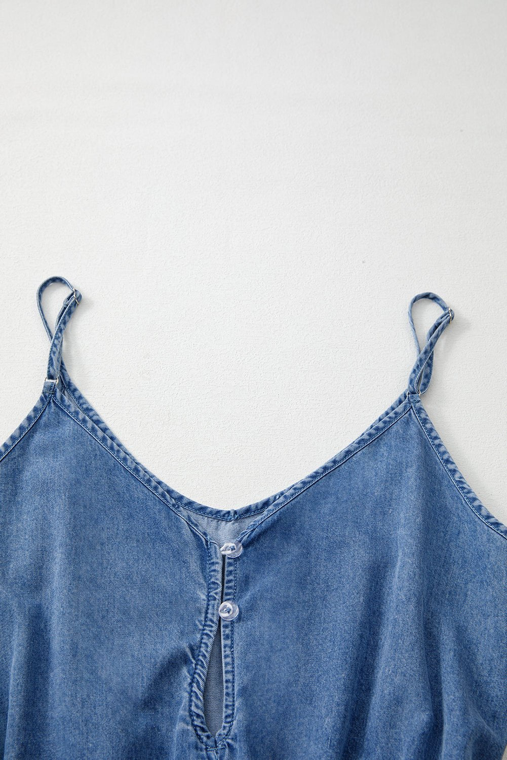 Ashleigh Blue Spaghetti Straps V Neck Belted Ruffled Leg Chambray Romper - Chaelisa's New Jammies