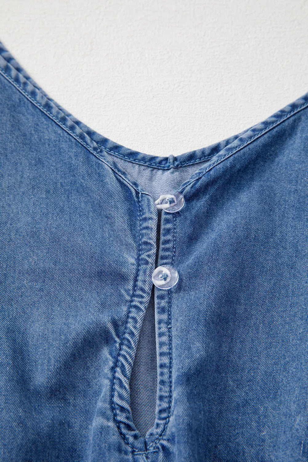 Ashleigh Blue Spaghetti Straps V Neck Belted Ruffled Leg Chambray Romper - Chaelisa's New Jammies