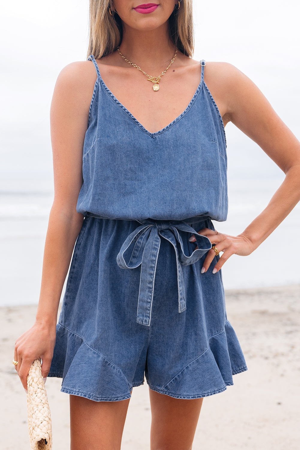 Ashleigh Blue Spaghetti Straps V Neck Belted Ruffled Leg Chambray Romper - Chaelisa's New Jammies