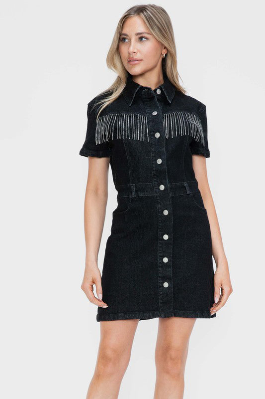 bytos Full Size Embellished Button Down Short Sleeve Denim Dress-Chaelisa's New Jammies