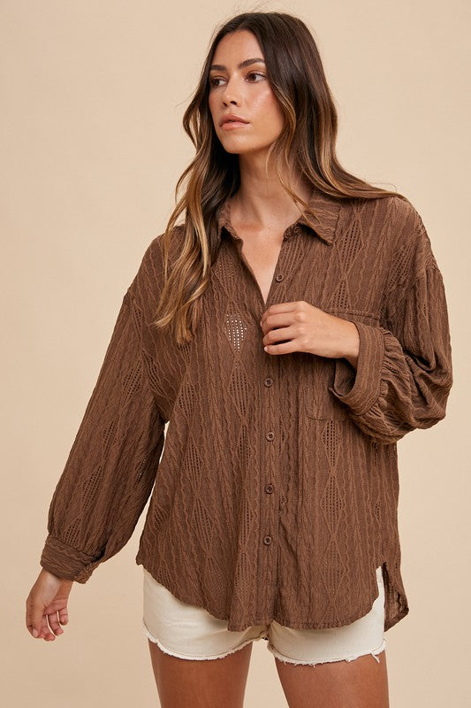 Annie Wear Openwork Button Down Drop Shoulder Shirt-Chaelisa's New Jammies