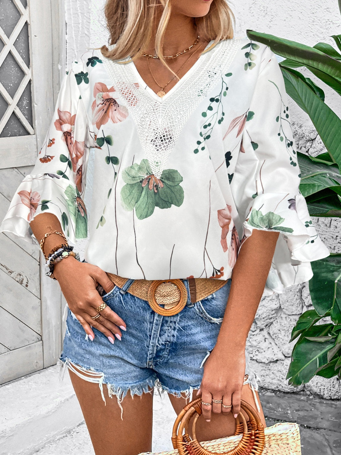 Ruffled Printed V-Neck Half Sleeve Blouse-Chaelisa's New Jammies