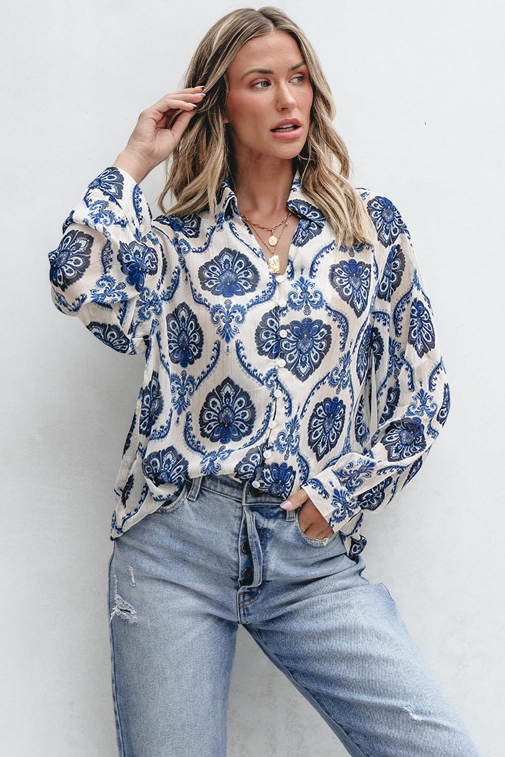 Blue Tribal Pattern Buttoned Front Loose Shirt-Chaelisa's New Jammies