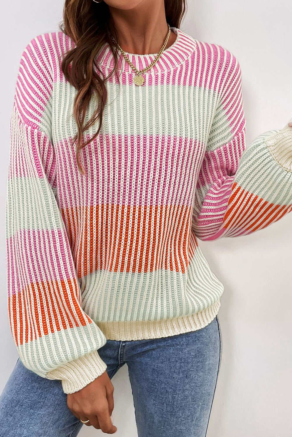 Pink Colorblock Textured Knit Bubble Sleeve Sweater-Chaelisa's New Jammies