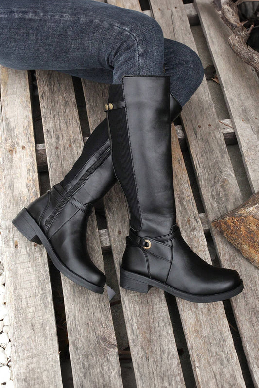 Black Side Zipper Knee High Chunky Low Heel Boots-Chaelisa's New Jammies