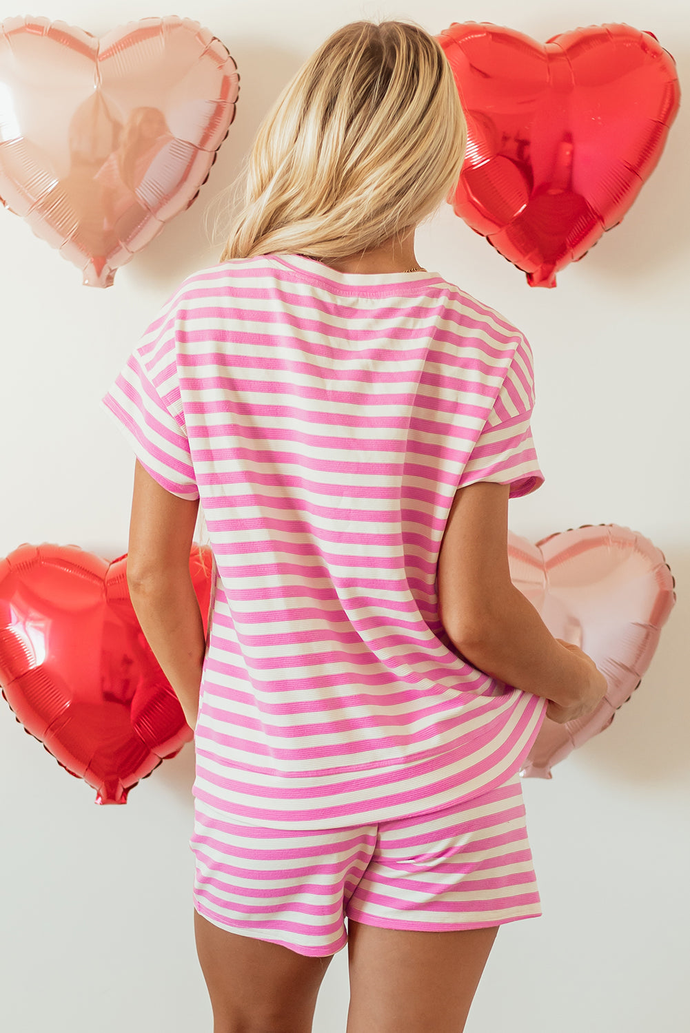 Rose Stripe Crew Neck T Shirt and Drawstring Shorts Set-Chaelisa's New Jammies