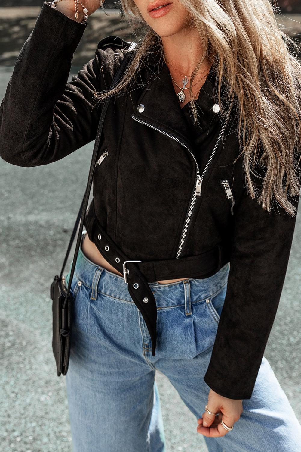 Black Asymmetric Zipper Belted Hem Jacket-Chaelisa's New Jammies