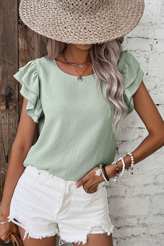 Clearly Aqua Solid Color Ruffled Short Sleeve Casual Blouse-Chaelisa's New Jammies