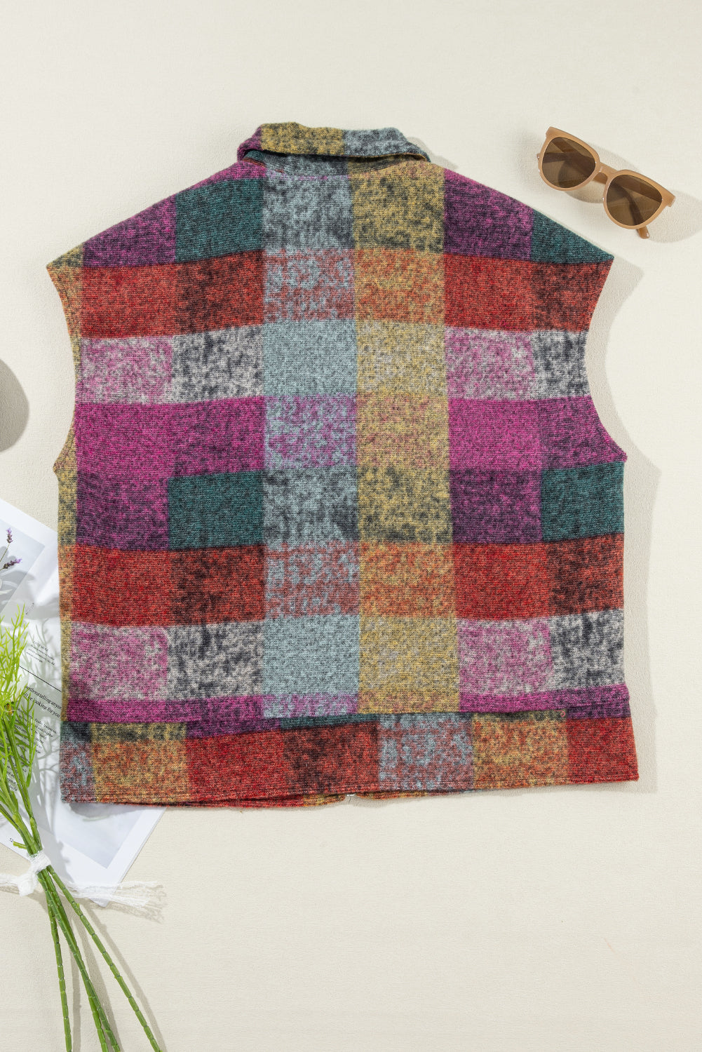 Multicolor Plaid Print Side Pockets Zipped Loose Vest-Chaelisa's New Jammies