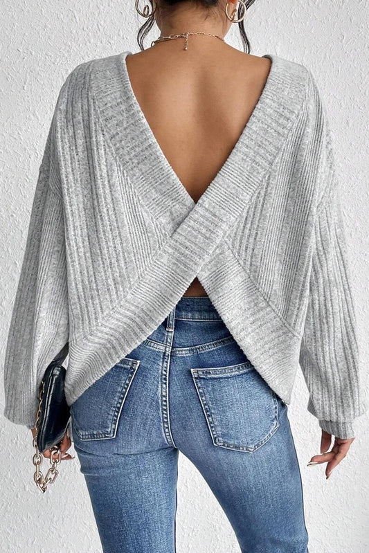 Light Grey Textured Crossover Backless Knit Long Sleeve Top-Chaelisa's New Jammies