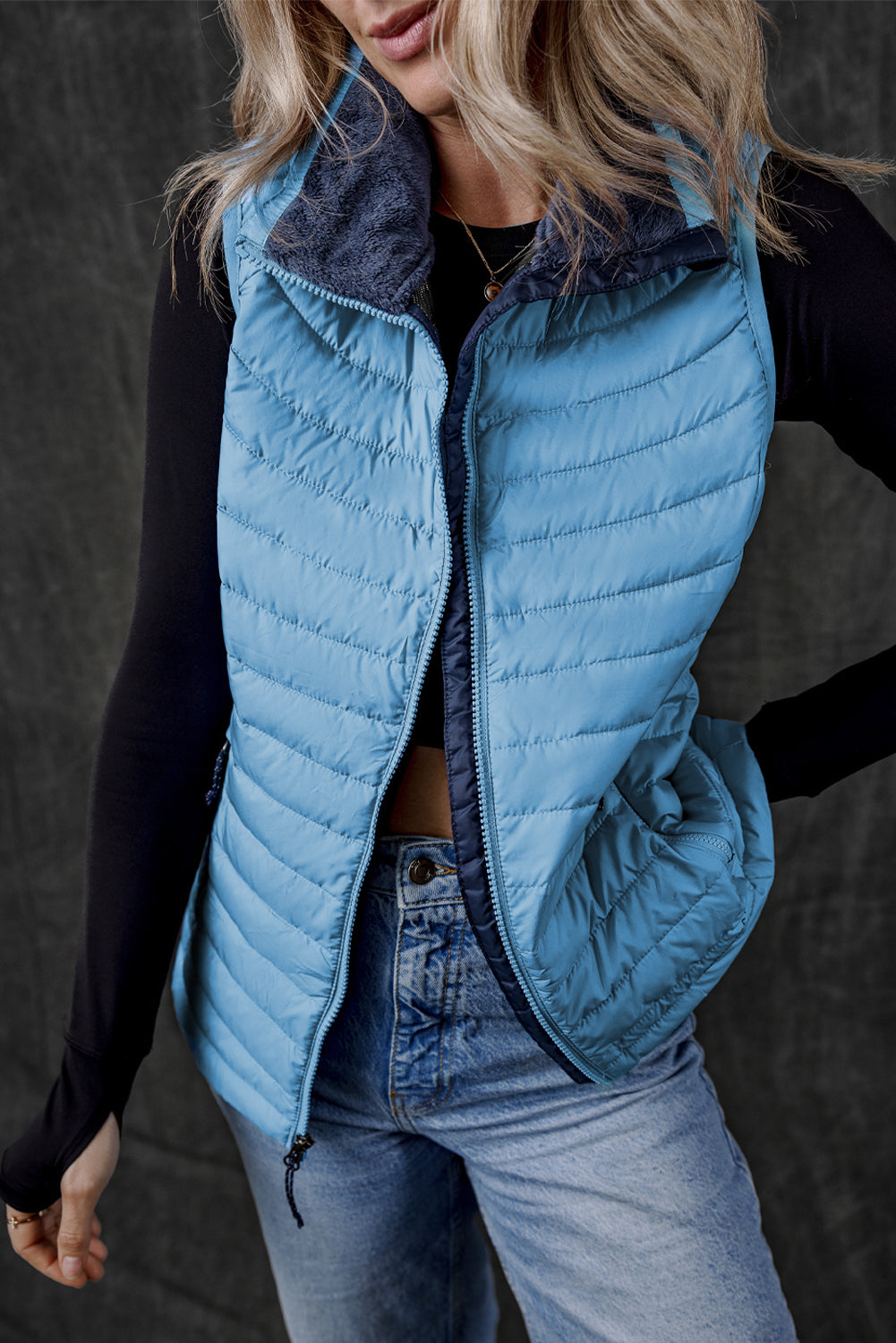 Sky Blue Plush Collared Quilted Zipped Puffer Vest-Chaelisa's New Jammies