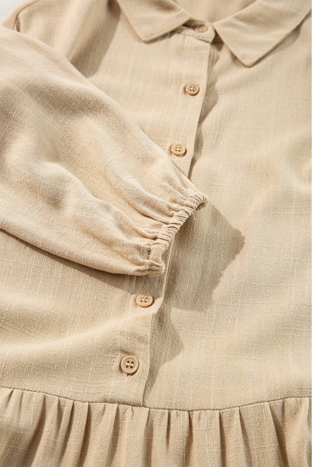Tan Puff Sleeve Buttoned Tiered Pleated Shirt Mini Dress-Chaelisa's New Jammies