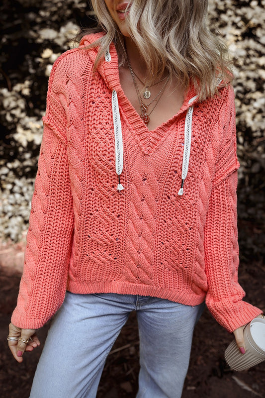 Drawstring Cable-Knit Hooded Sweater-Chaelisa's New Jammies