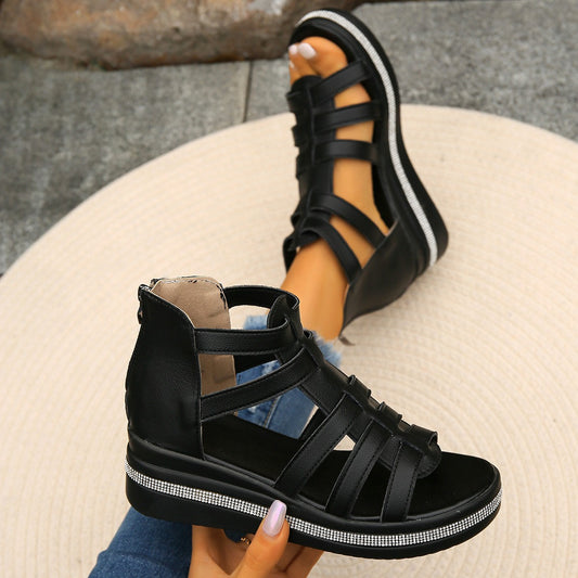 Cutout Rhinestone Trim Wedge Sandals-Chaelisa's New Jammies