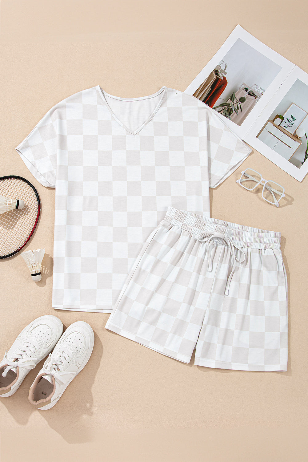 Beige Checkered V Neck Tee Drawstring Shorts Lounge Set-Chaelisa's New Jammies
