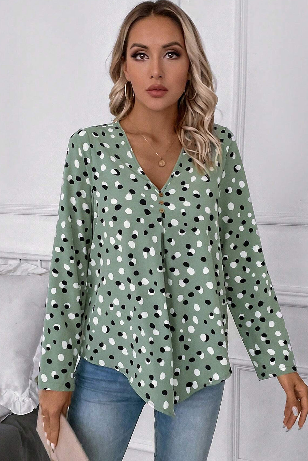 Green Polka Dot Print Button Front V Neck Blouse-Chaelisa's New Jammies