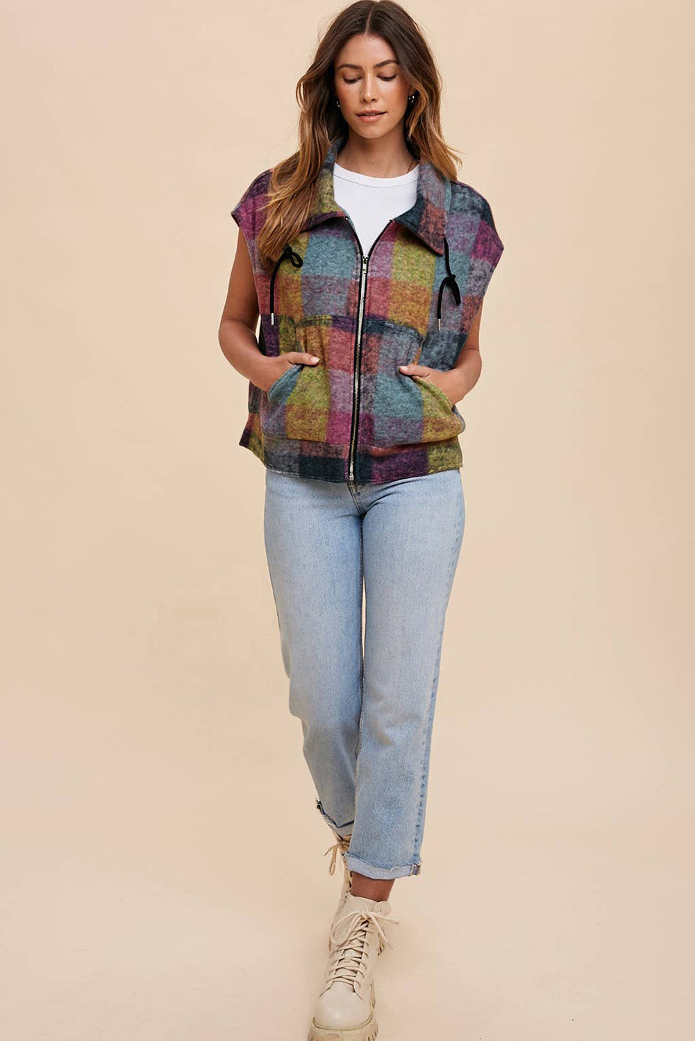 Multicolor Plaid Print Side Pockets Zipped Loose Vest-Chaelisa's New Jammies