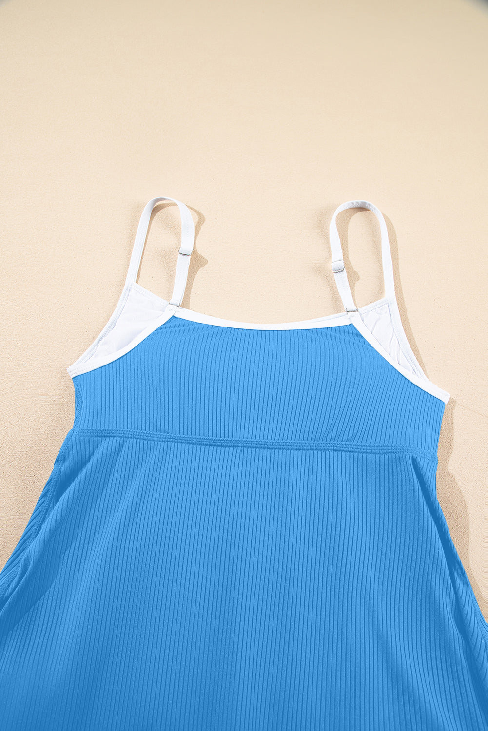 Dusk Blue Color Block Edge Ribbed Pocketed Lined Swim Dress