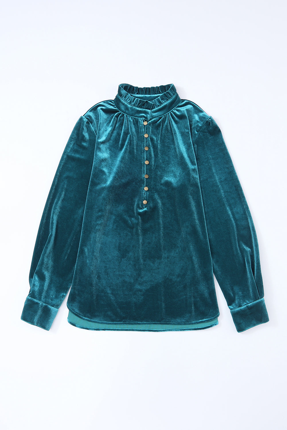 Navy Blue Frilled Buttoned V Neck Velvet Blouse-Chaelisa's New Jammies