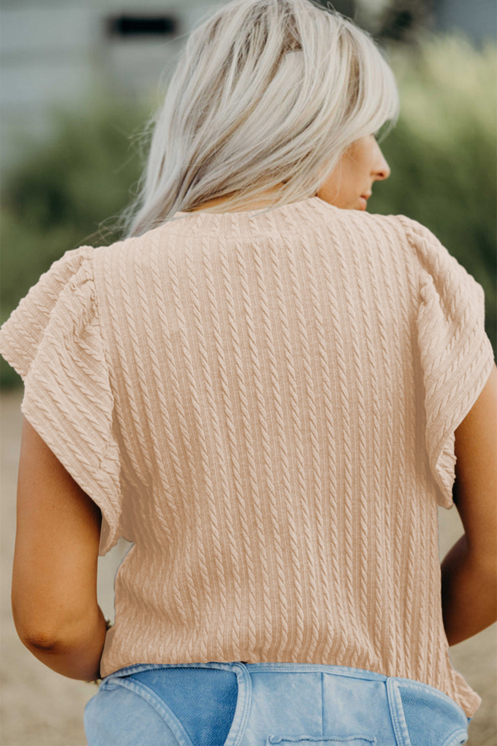 Beige Solid Color Textured Flutter Sleeve Top-Chaelisa's New Jammies